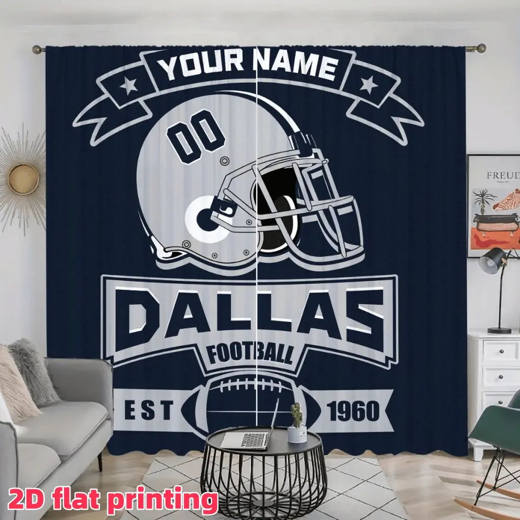 2D Flat 2Pcs Personalized Dallas Football Team Helmet Printed Window Curtains, Semi Sunshade Pole Pocket Style Drapes, for Home Living Room Bedroom Study Decoration, Accessory, Anti Privacy.
