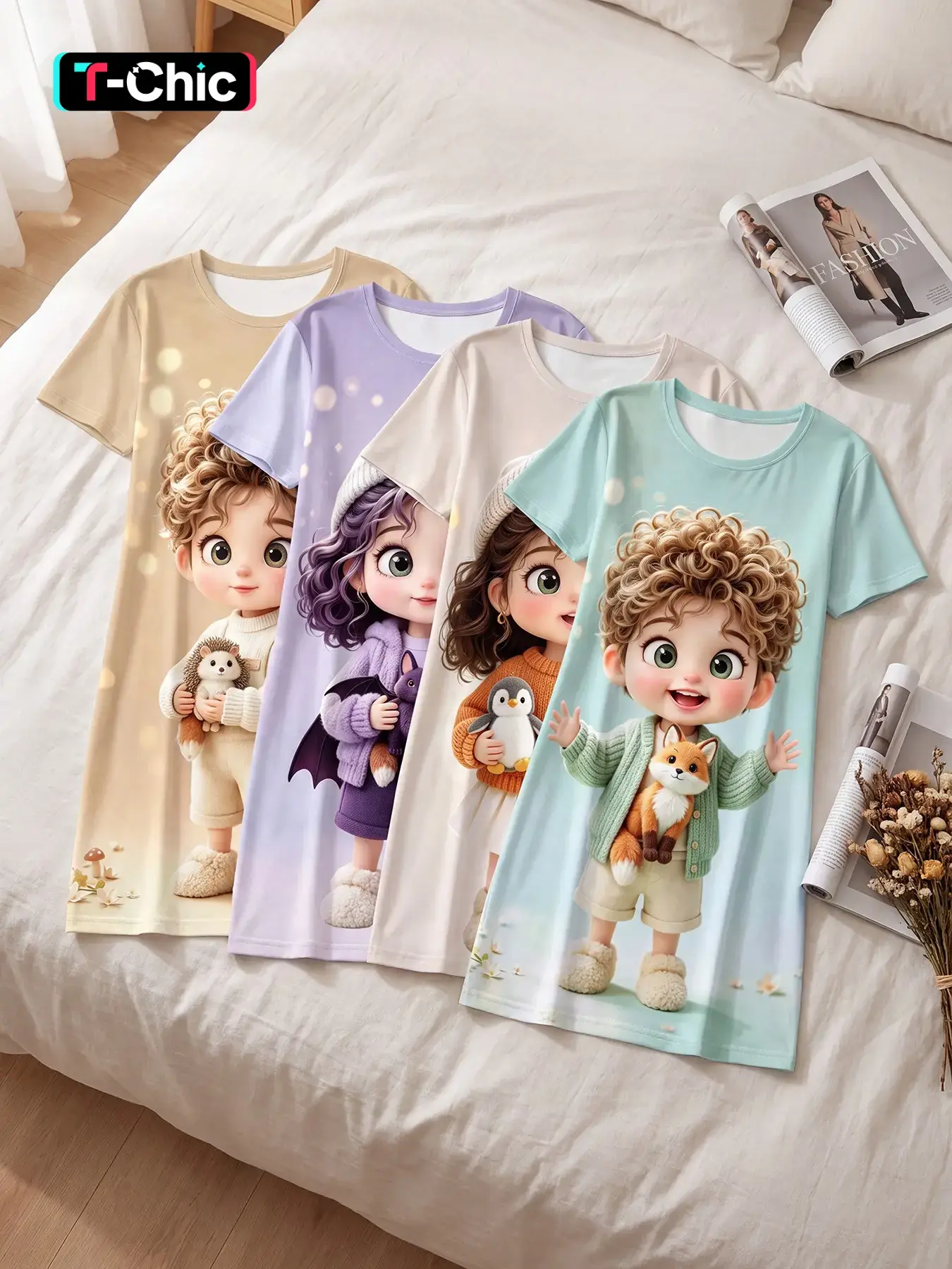 4 Pack Women's Short Sleeve Crew Neck Sleep Dress, All-Season Wear, Easy Care Cartoon Animal Print Nightgown, Comfortable Fit for Daily Wear, Midday Naps and Night Sleep