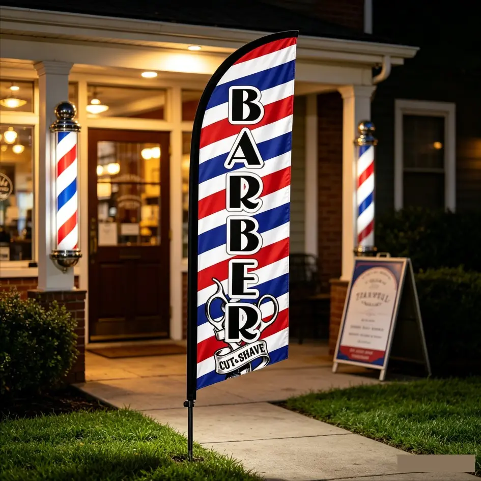 6.5 Ft Feather Flag for Barbershop, Retro Oil Head Salon Banner, Waterproof Durable Polyester, Windproof Outdoor Display, Easy Installation