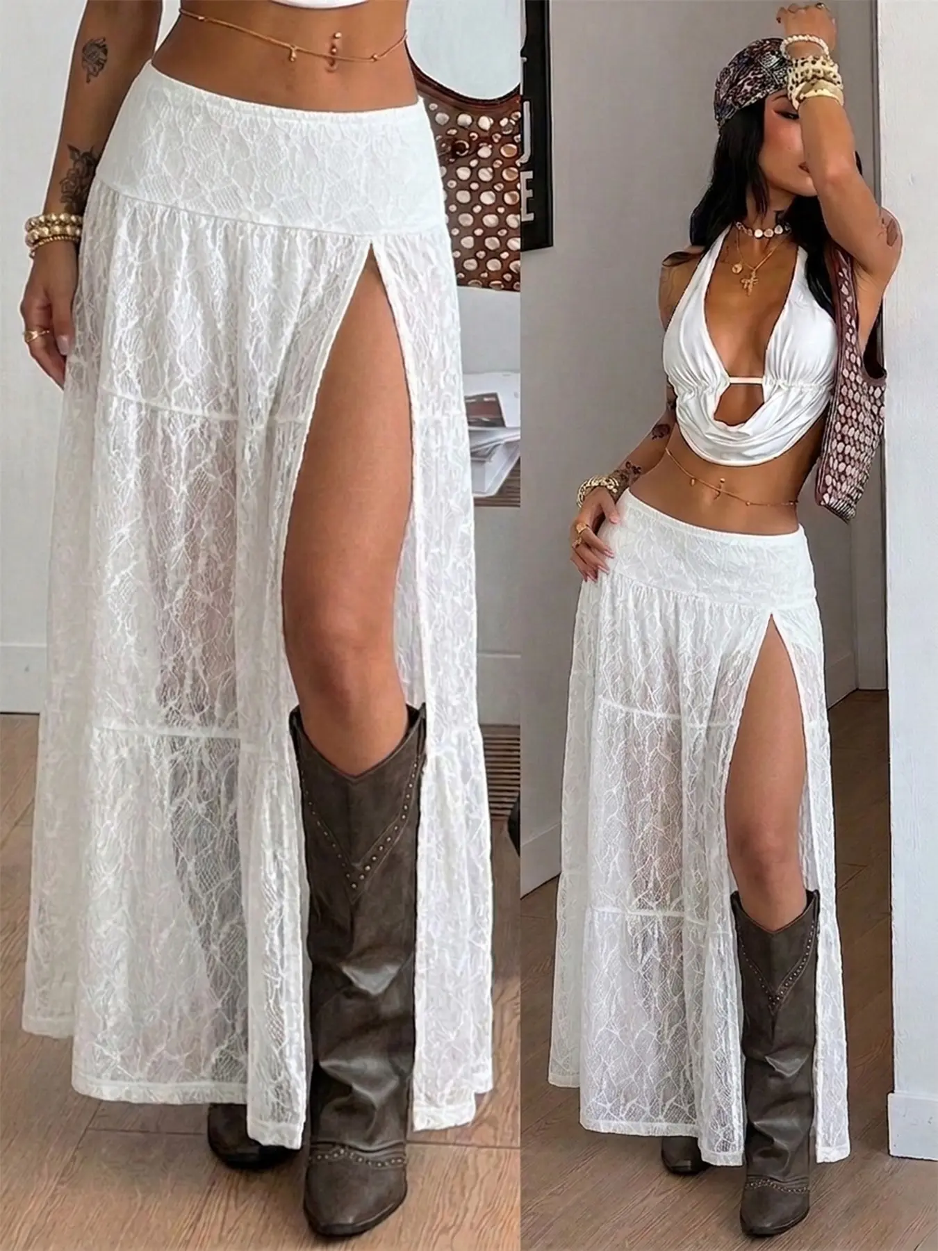 Women's Lace Thigh-Split Maxi Skirt, Low Waist A-Line Boho Skirt, Sheer Textured Fabric, Casual & Party Beach Wear for Summer