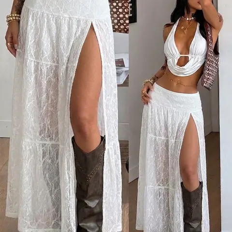 Women's Lace Thigh-Split Maxi Skirt, Low Waist A-Line Boho Fashion Skirt, Sheer Textured Fabric, Casual & Party Beach Wear for Summer