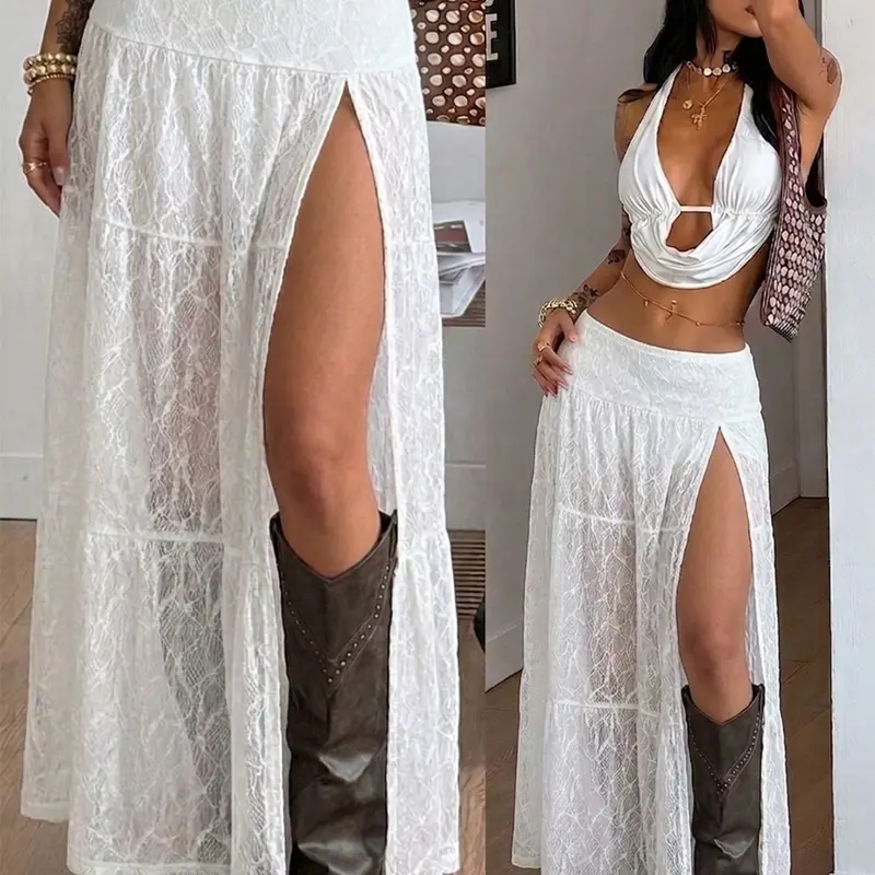 Women's Lace Thigh-Split Maxi Skirt, Low Waist A-Line Boho Fashion Skirt, Sheer Textured Fabric, Casual & Party Beach Wear for Summer