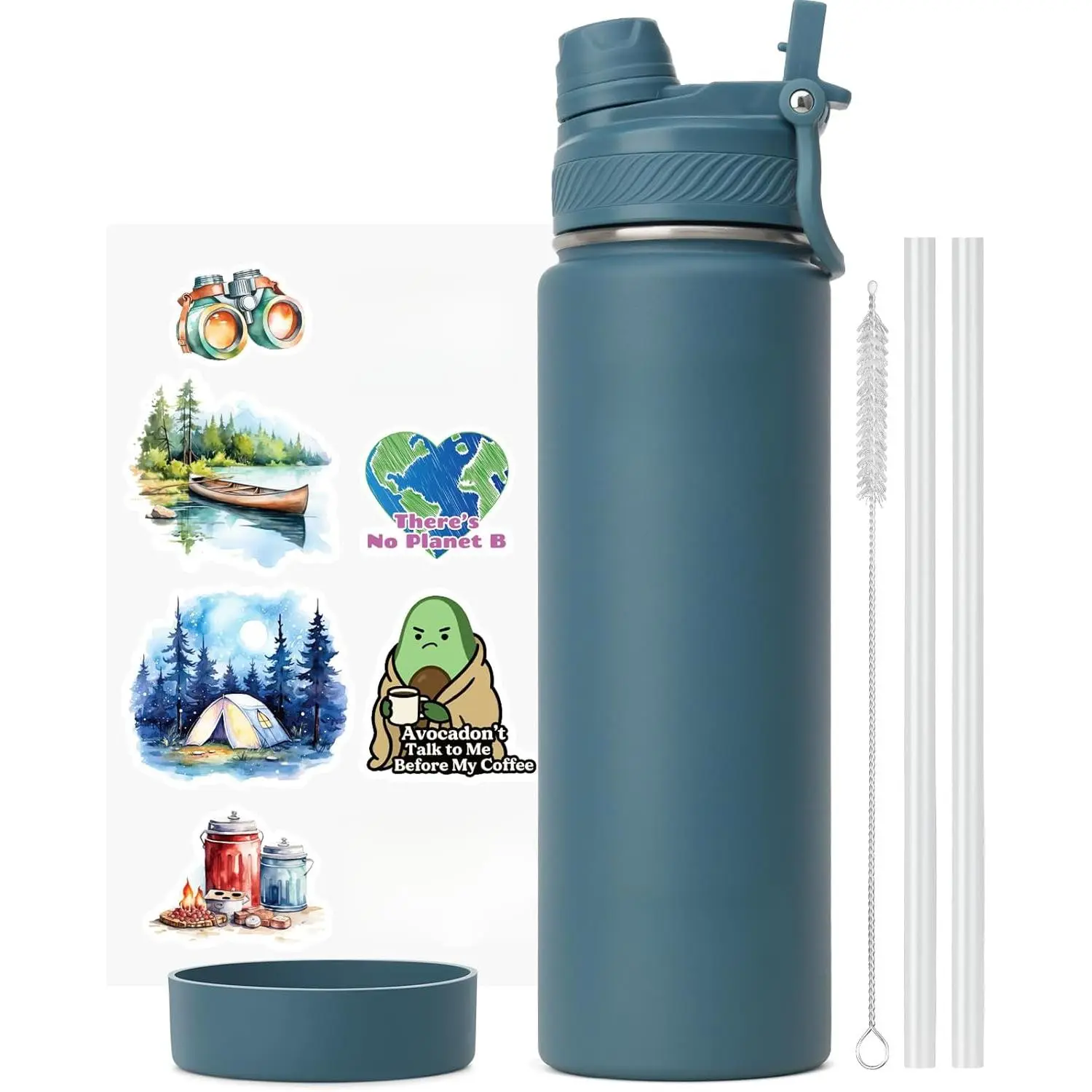 Insulated Water Bottle with Silicone Boot (36hrs Cold/18hrs Hot) - DIY Stickers, Leakproof, BPA Free, 24 oz [2-IN-1 LID]