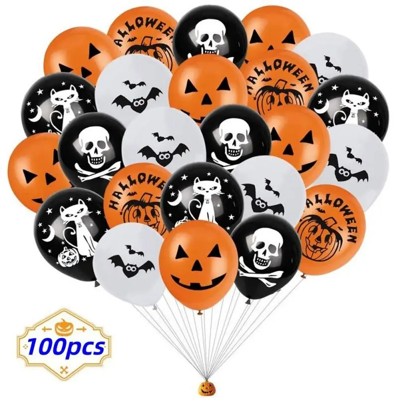 100pcs Halloween Latex Balloons, Witch Skull Pumpkin Head Decorations, Ghost Festival Balloons, Home Party Event Decorations