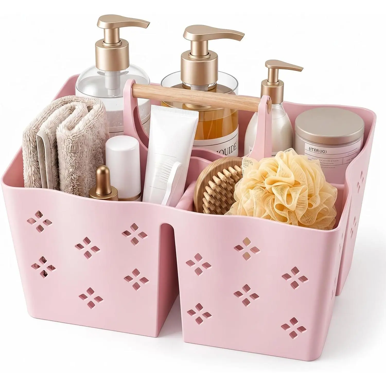 Plastic Shower Caddy Portable, Large Capacity Shower Basket with Handle, Divided Bathroom Toiletry Organizer, Quick-Drain Shower Caddy for College Dorm Beach Kitchen Essentials, Pink