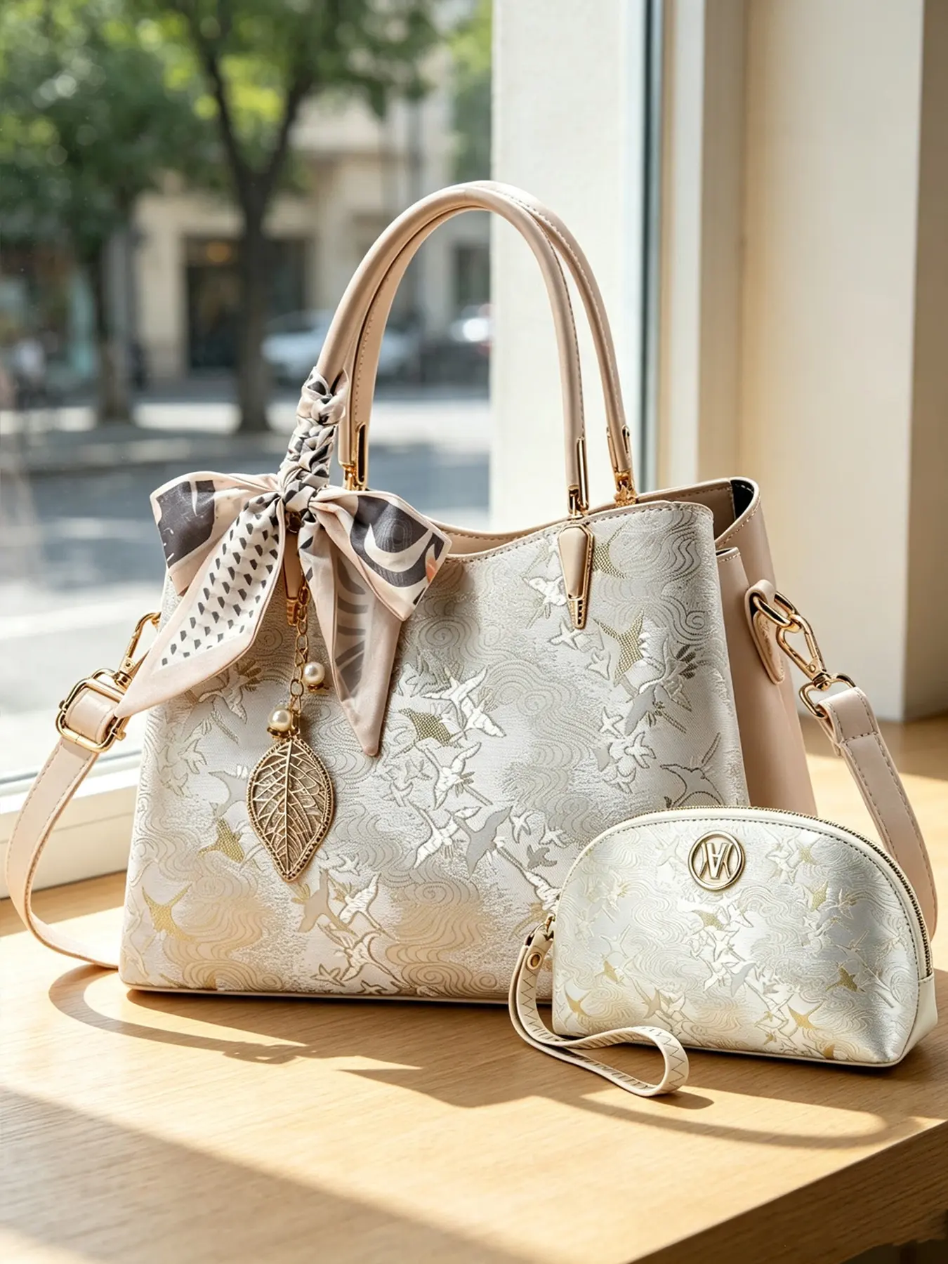 Women's 2-piece bag set, high-quality embroidered and printed handbag, classic design paired with a matching clutch from the same collection, suitable for multiple occasions