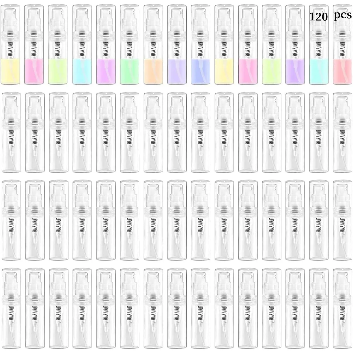 Mini  Bottle, Clear Plastic Empty Sample Containers, Fine Mist Perfume Travel Refillable  Bottle Perfume Atomizer Small Portable Bottle for Cleaning, Travel, Essential Oils(120, 2ml)