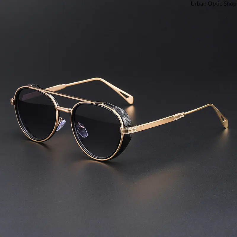 XUH Unisex Gothic Steampunk Round Lens Sunglasses - Double Bridge Black-Gold Frame, Dark Lenses, Nylon TR90 Eyewear, Stylish Accessories, Casual Daily Shades Look for Driving/OOTD, Retro Fashion Enthusiasts