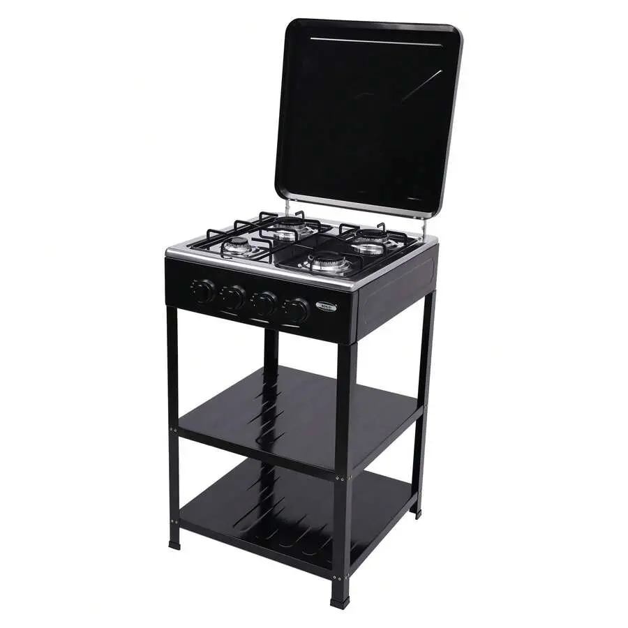 ZhdnBhnos White/Black 4 Burners Gas Stove, White Portable Gas Stove W/ 2-Tier Storage Rack & Support Leg Stand, Manual Ignition Camping Stove W/Wind Blocking Cover, Outdoor Gas Stove, Heavy Duty Stainless Steel Gas Cooker