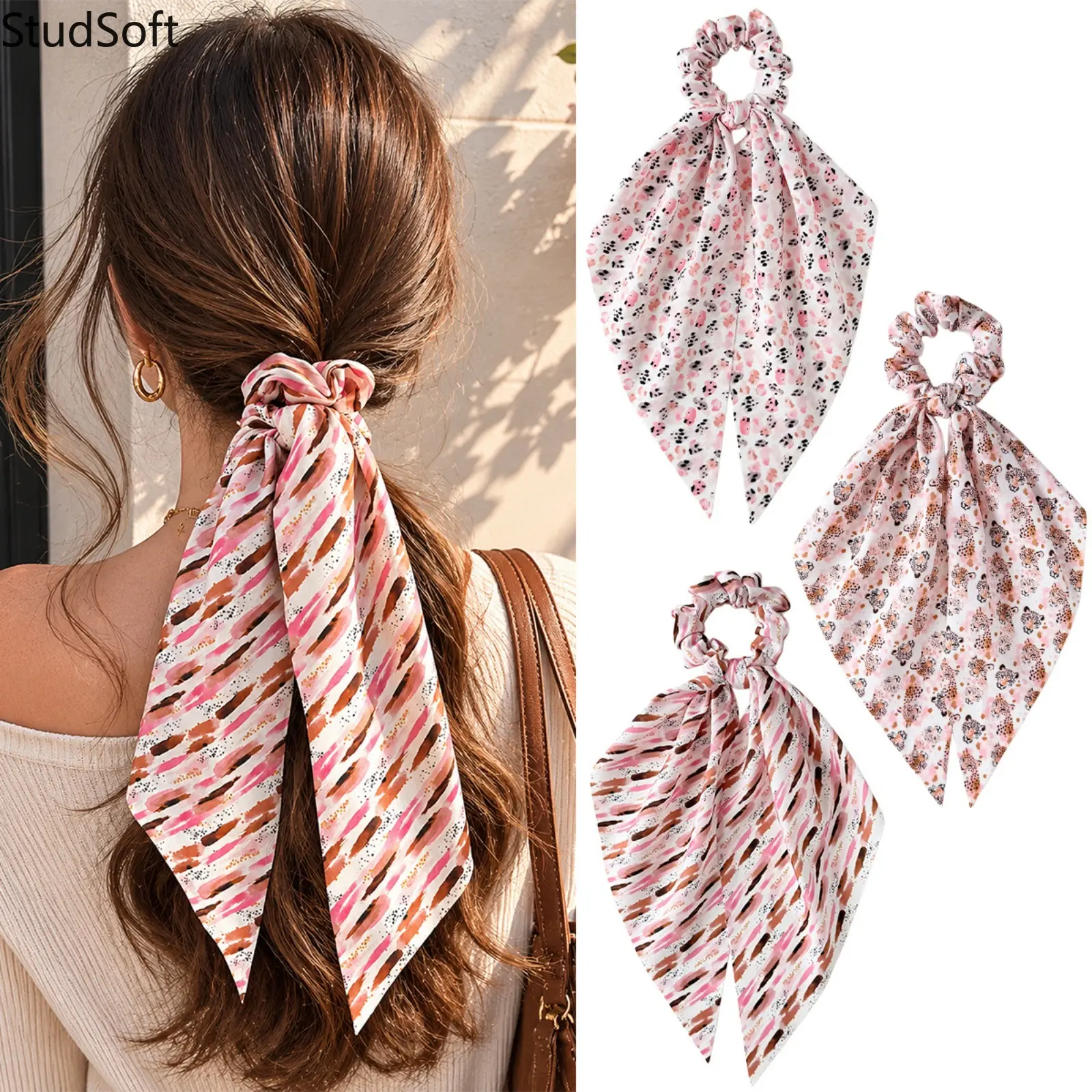 Scarf Scrunchies for Women, 3pc Vintage Floral Satin Ponytail Holder with Long Ribbon Bows for Everyday & Sports Wear, Daily, Hair Scarf Scrunchies, Ponytail Holders, Sporty Sport Rainwear
