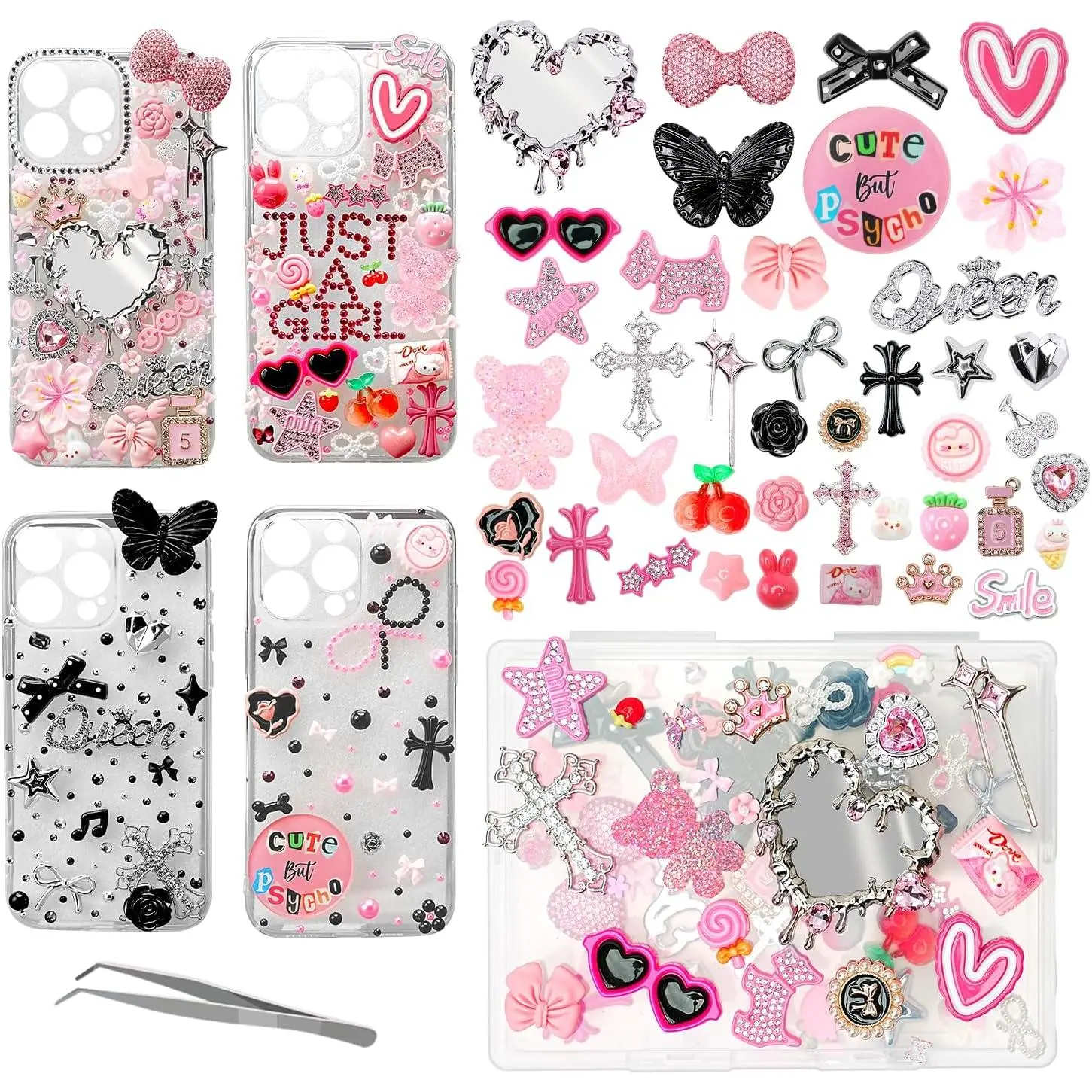 1800 count Junk Phone Case Charms DIY Kit,Cute  Charms  Rhinestones ,Kawaii     Making Crafts,  Kitty Bow Beads  Shoe Socks Bag Accessories