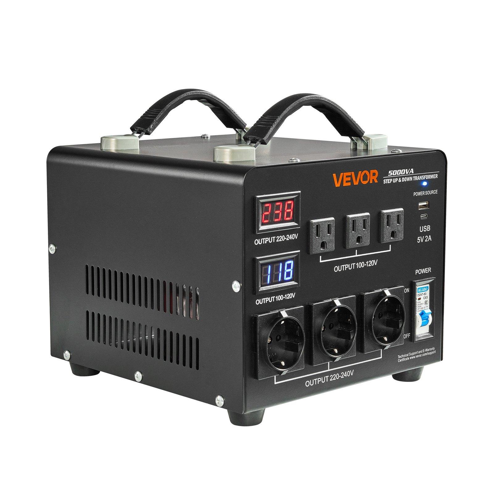 VEVOR Voltage Auto Converter Transformer, 5000VA, Heavy Duty Step Up/Down Power Transformer, 110V to 220V and 220V to 110V, with 3 US Outlets, 3 EU Outlets, LCD Display, Circuit Breaker Protection VEVOR Voltage Auto Converter Transformer, 5000VA, Heavy Duty Step Up/Down Power Transformer, 110V to 220V and 220V to 110V, with 3 US Outlets, 3 EU Outlets, LCD Display, Circuit Breaker Protection