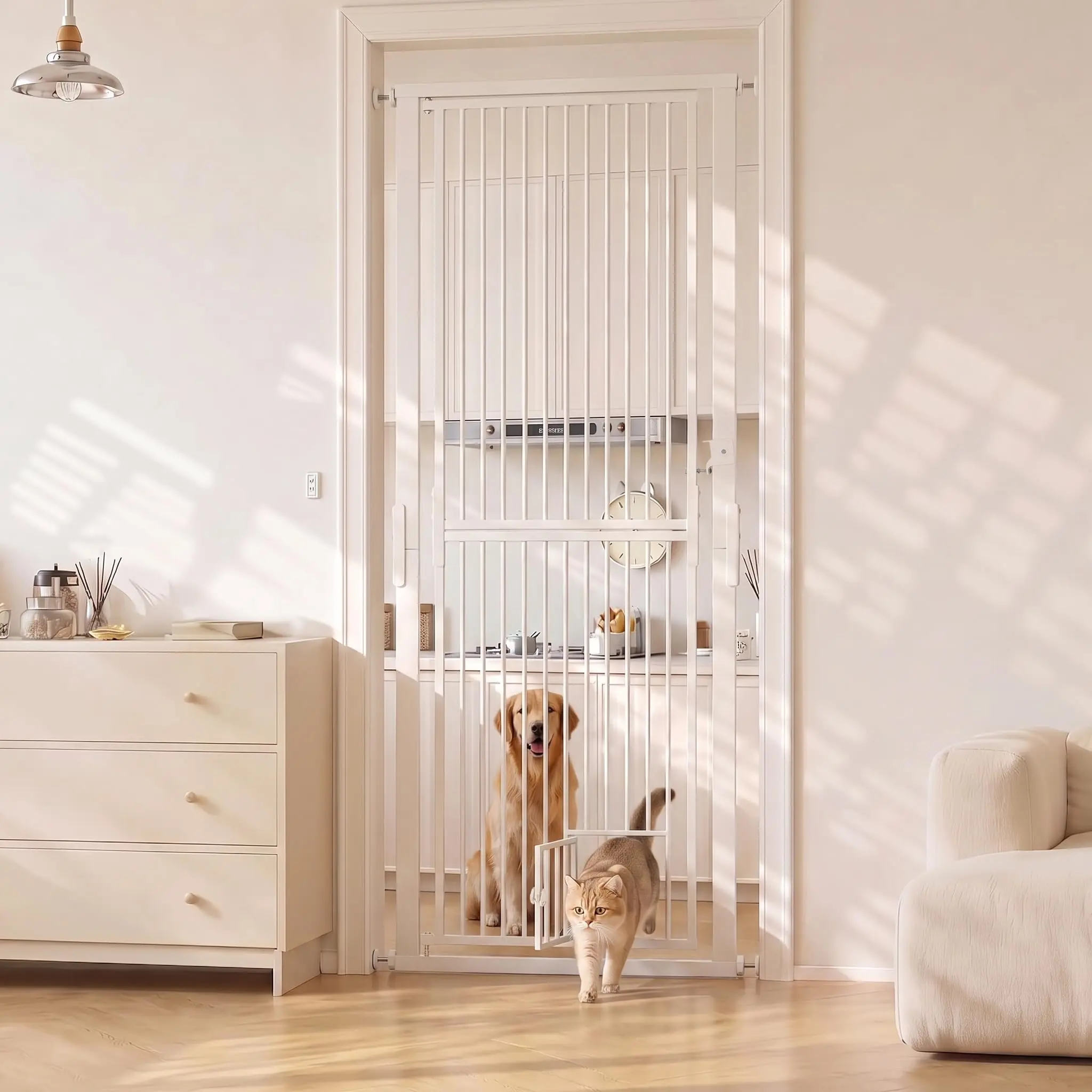 🐱 71" Extra Tall Cat Gate for Doorways, Pet Door + Double Lock, 30.3"-40.9" Wide Adjustable, Drill-Free Pressure Mount, 1.35" Narrow Gap, Pet Safety Gate for Hallways Stairs