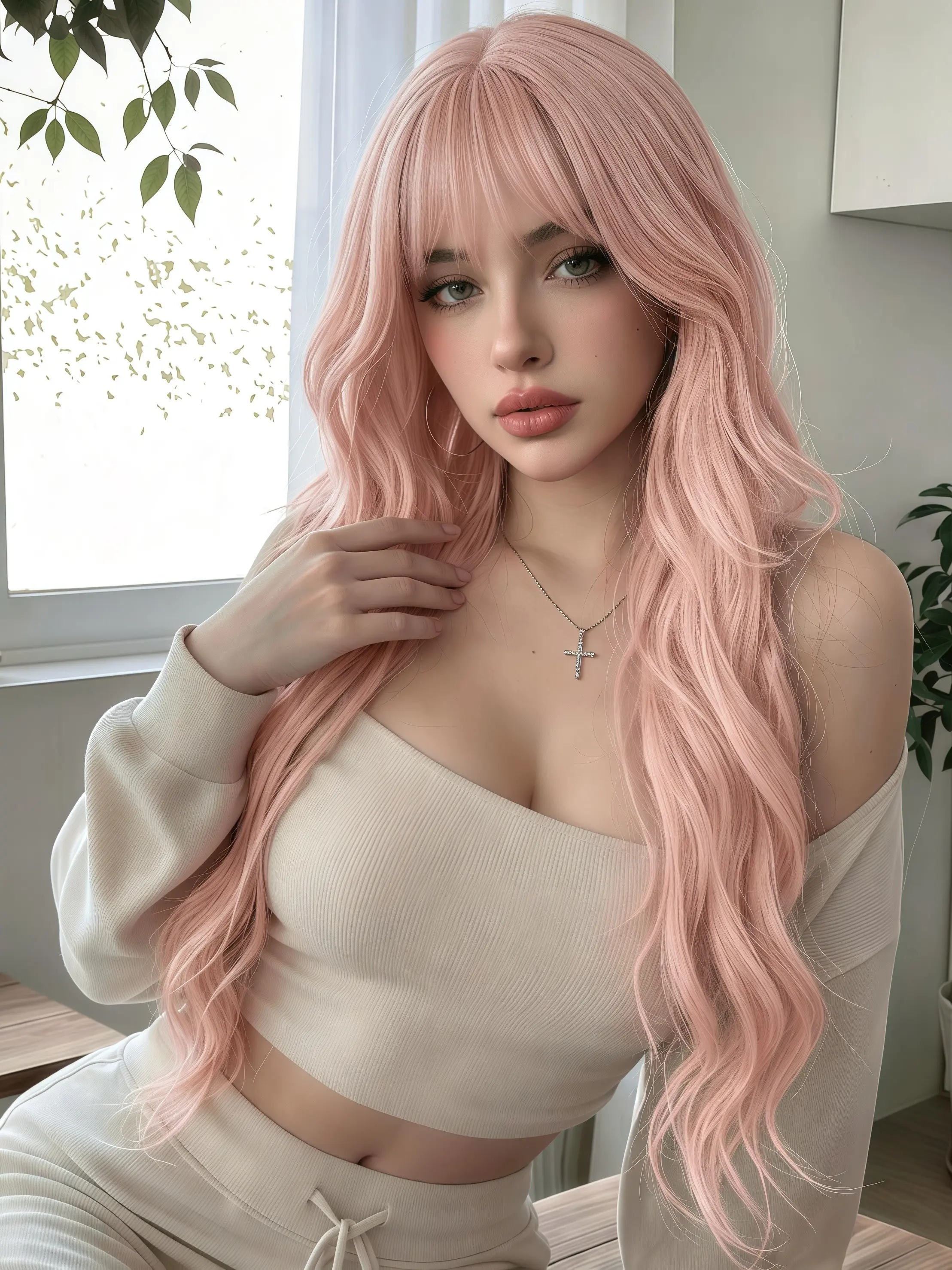 28-Inch Light Pink Long Wavy Synthetic Wig, Heat-Resistant Fashion Wig, Suitable for Daily Use, Halloween, Role Play