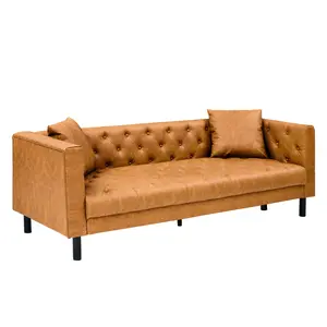 Orange PU Leather 3-Seater Sofa, Mid-Century Modern Chesterfield Style, Button-Tufted Backrest, Includes 2 Pillows