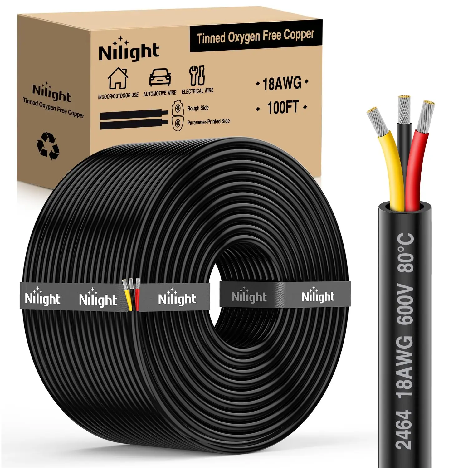 Nilight 100FT 18AWG 3-Conductor Tinned Copper Wire - Direct Burial, Red/Black/Yellow Parallel Wires, 600V DC Flexible PVC Jacket, Heat Shrink Tube, Cable Tie for LED Strips & Car Lights, PVC+Copper, Better Conductivity, Flame Retardant, High Strand Counts