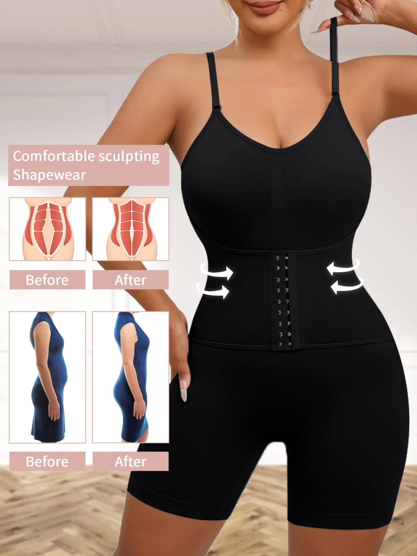 1pc Double Layer Shaping Bodysuit for Women, High Elastic Adjustable Straps & Hooks, Bust Support Butt Lift All Season Thigh Slimmer
