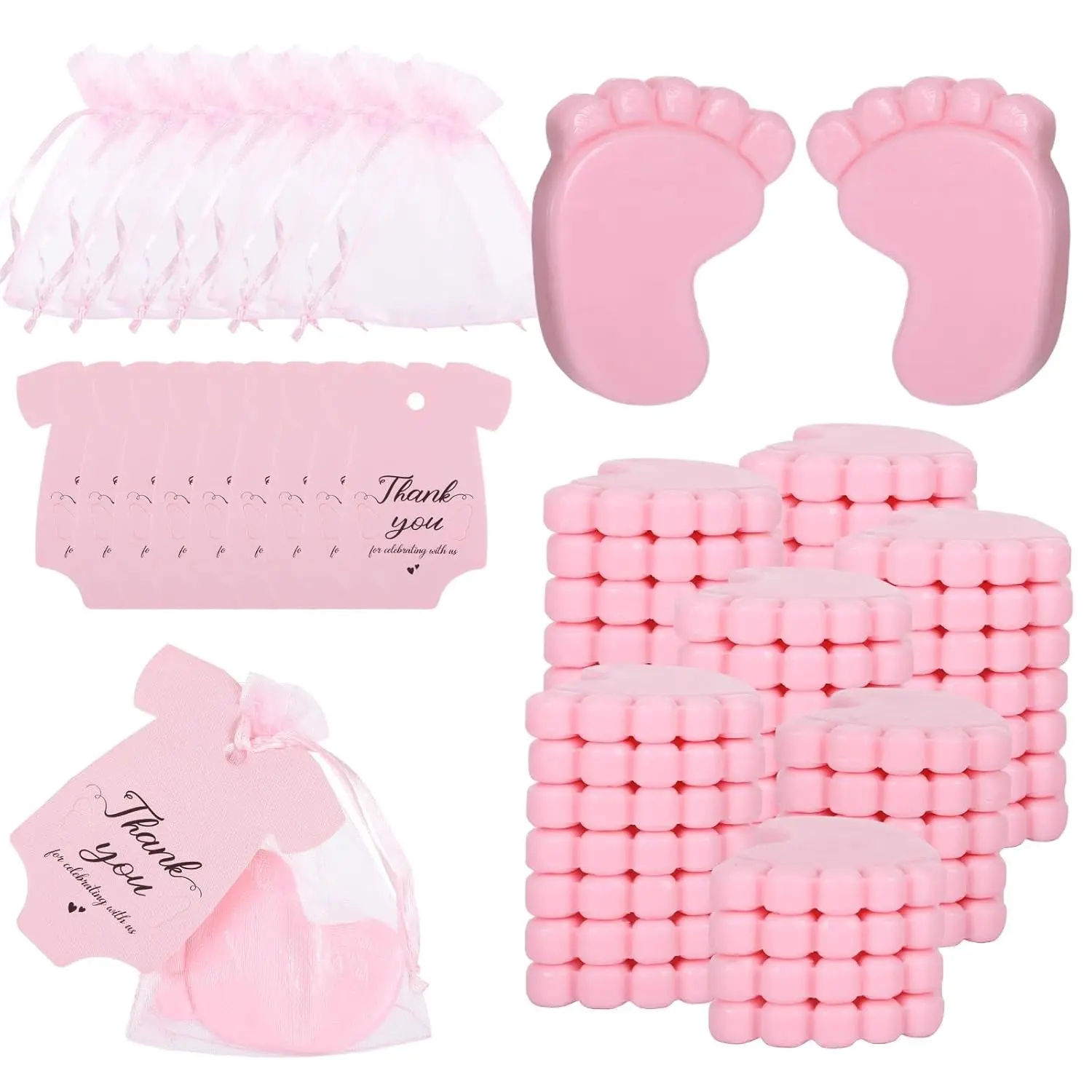 60 Sets Baby Shower Favors,Baby Feet Scented Soap Party Favors for Guests Gifts,Scented Soap with Organza Bags and Thanks Tags,Wedding Return Gifts Gender Reveal Prizes Babys Shower Souvenirs (Pink)