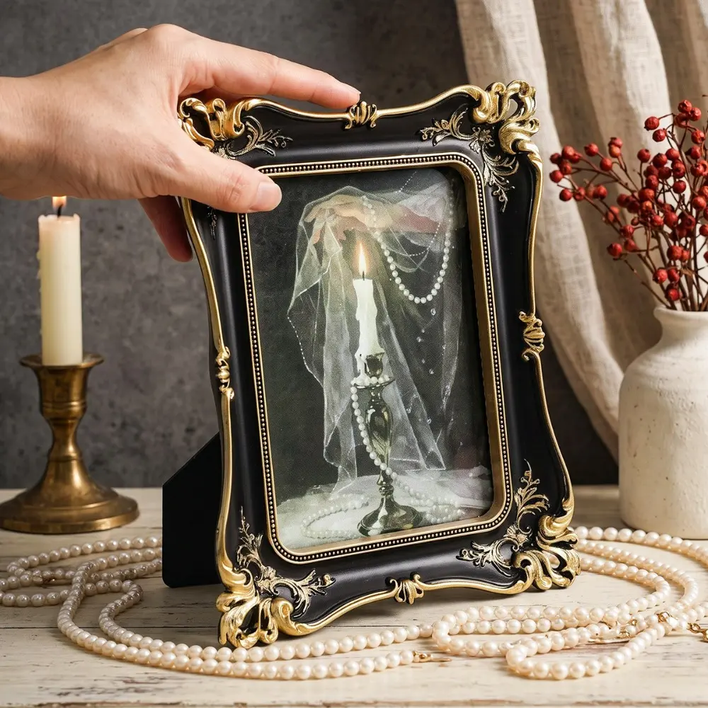 1 Piece Vintage Baroque Photo Frame, Black Gold Carved Resin Picture Frame, Ornate Retro Tabletop Display Decor, Ideal for Bedroom Living Room Desk Home Aesthetic Decoration, Vintage Picture Frames