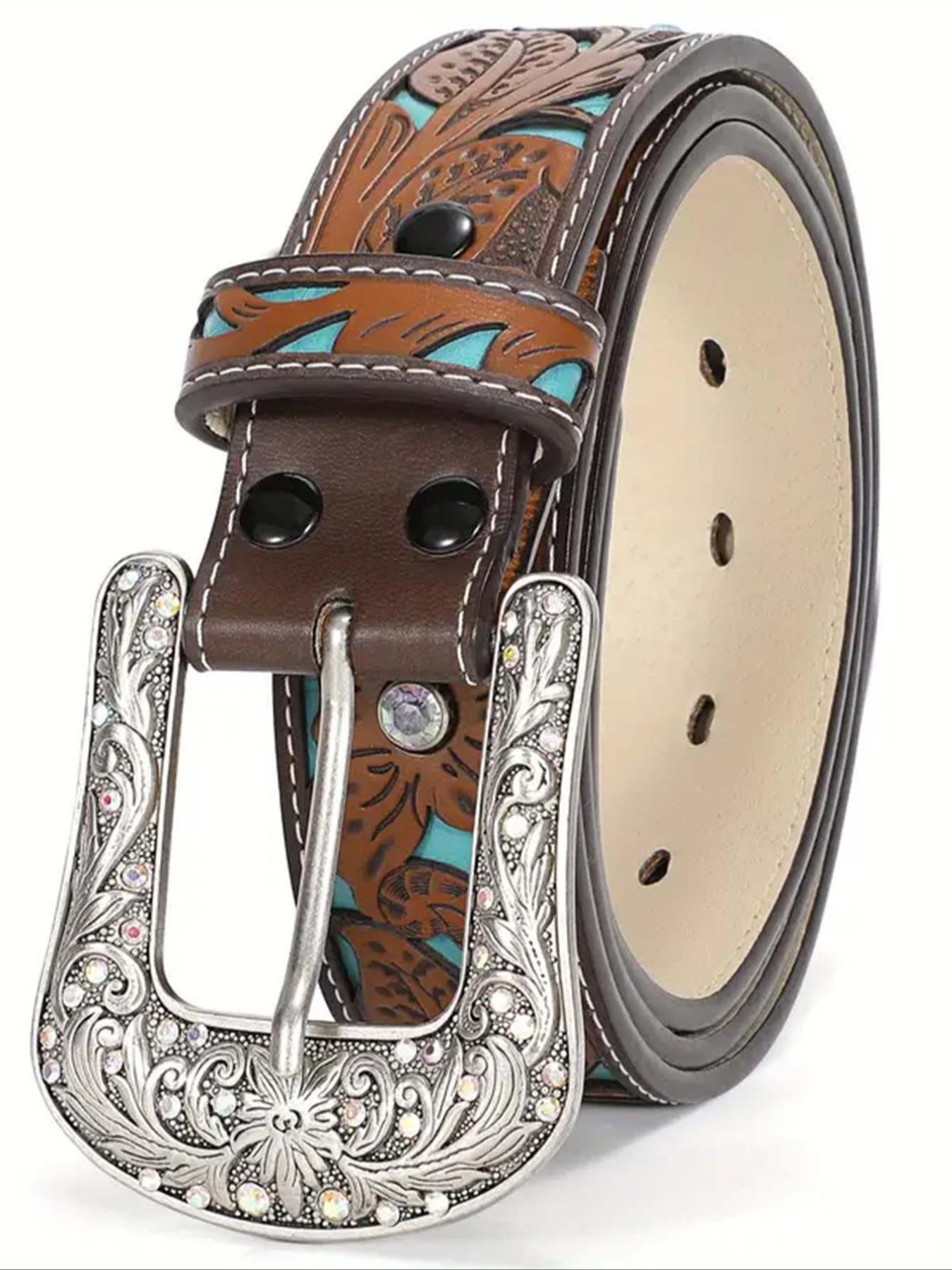 Boho Style Leaf Embossed Vintage Western Cowboy Cowgirl Belt, 2024 New Style Fashionable Adjustable Pu Buckle Belt for Women, Casual Brown Cowgirl Waistband for Jeans Trousers Western Belts