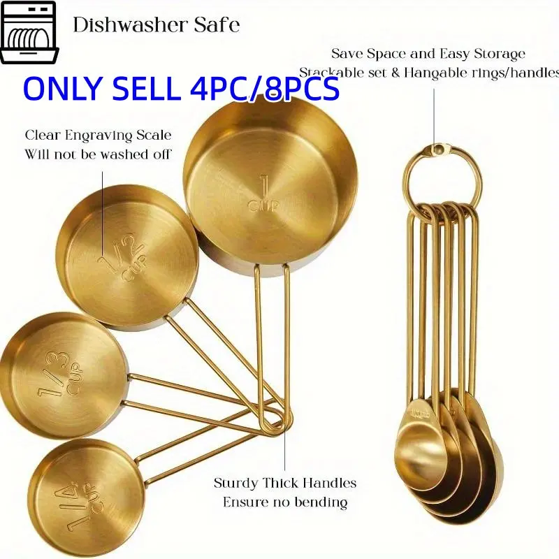 4/8 piece measuring cup and spoon set, Measuring Cups and Spoons, made of 430 stainless steel food contact grade, for baking and cooking liquid and dry ingredients, gold kitchen tool, Kitchen Utensils Set