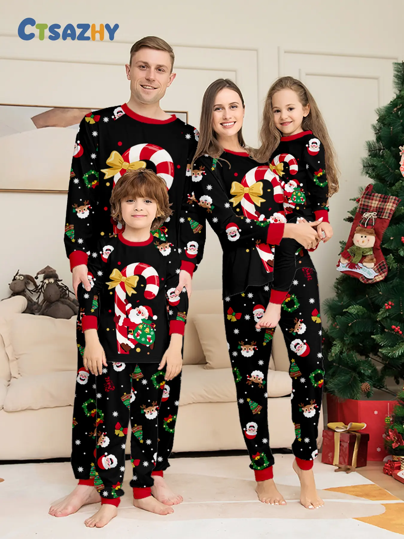 Black Base Christmas Candy Cane Santa Print Matching Family Pajamas, Crew Neck Long Sleeve Tops Cuffed Pants, Soft Holiday Loungewear Set for Couple Mom Dad Kids