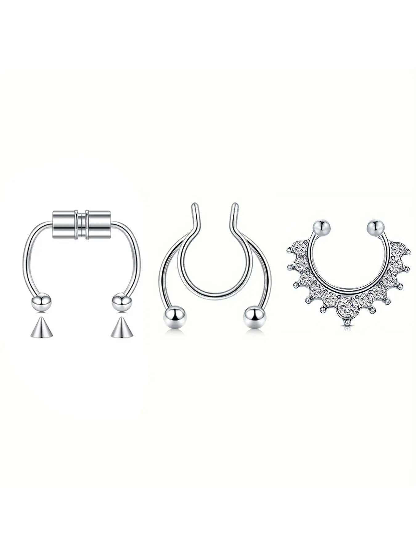 3pcs Fake Nose Ring Set for Women & Men, Clip-On Faux Nose Piercings, Non-Piercing Septum Cuffs, Stylish Lip Rings Accessory, Nose Ring Jewelry, Nostril Nose Ring, Nostril Hoop Rings, Body Jewelry, Body Jewellery