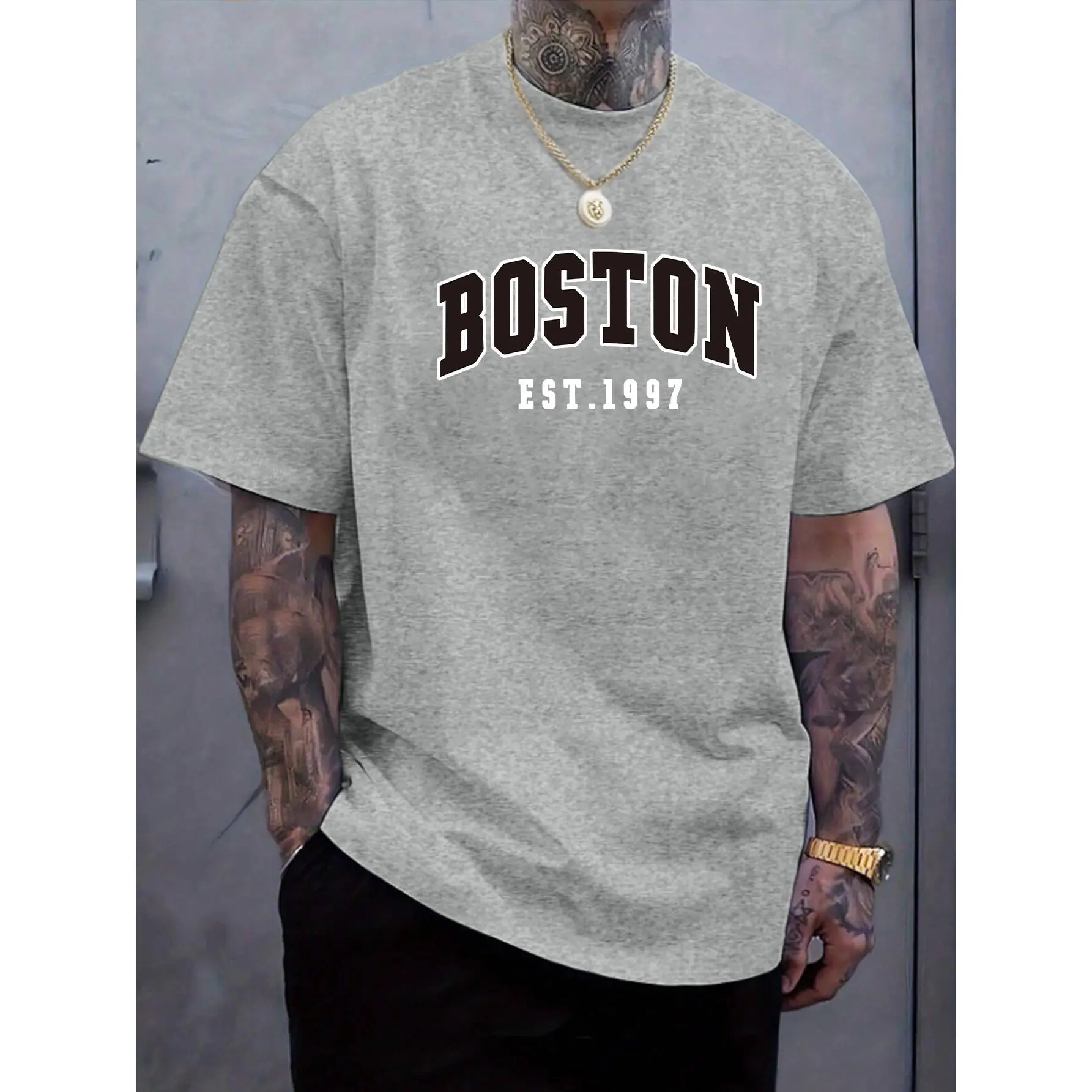 Men's Casual Crew Neck Boston Logo All Over Print Short Sleeve T-Shirt - Polyester Knit, Regular Fit, All-Season Comfort, Machine Washable Sports Top for Men, Versatile Clothes, Tops, No