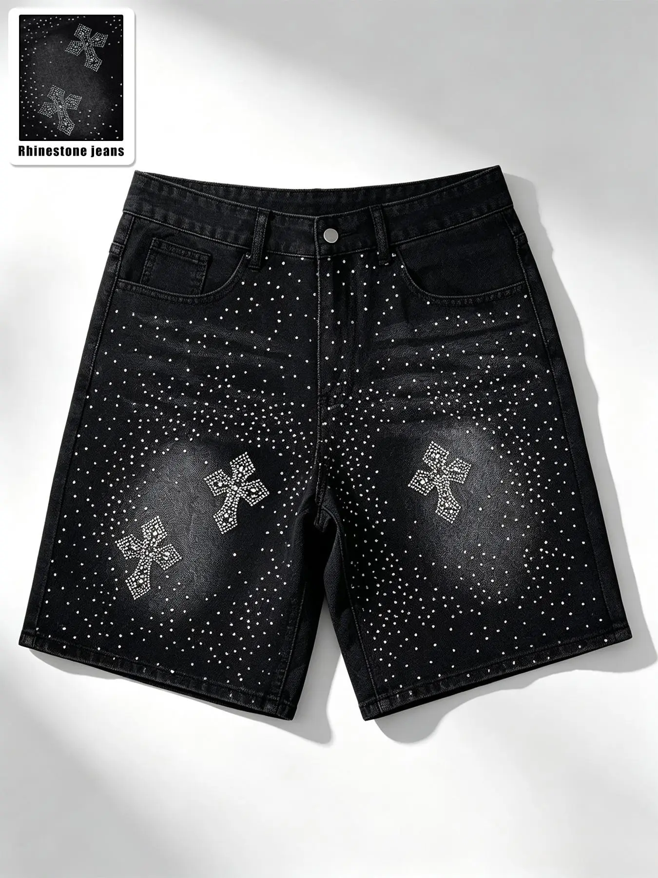 Men's Washed Jeans Shorts with Rhinestone Cross Print, Loose Fit Knee-Length Hip-Hop Streetwear, Casual Solid Pattern
