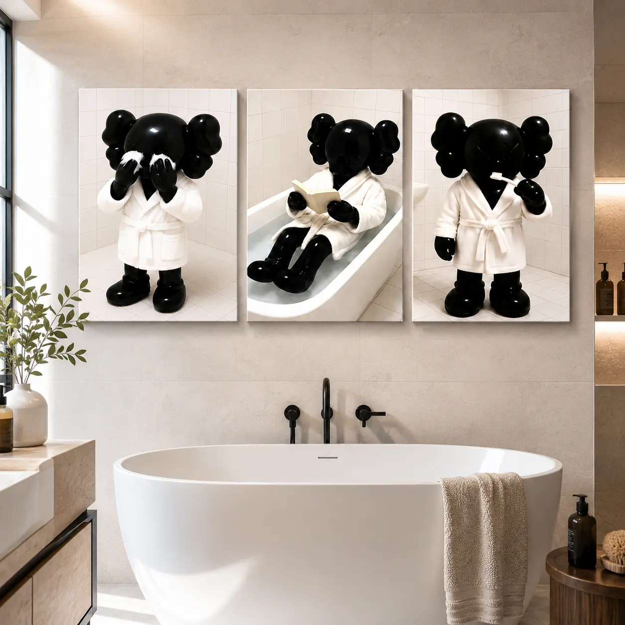 3-Piece Frameless Humorous Toilet Canvas Prints, Black and White Farmhouse Bathroom Wall Decor, Ready-to-Hang Home Decor Posters, Guest Bathroom Gift