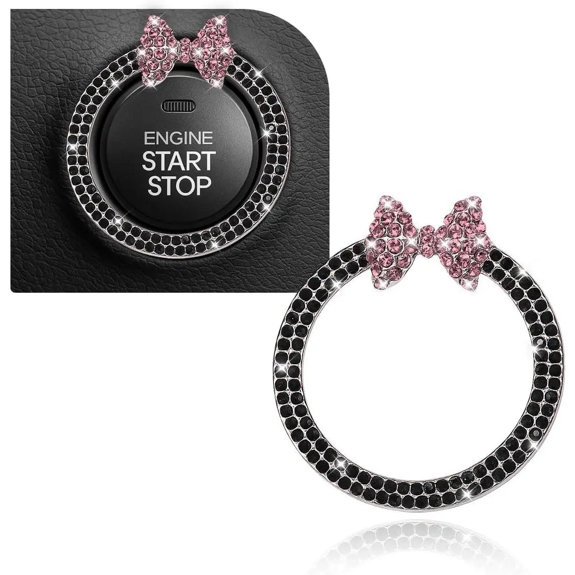 Bling Bow  Engine Start Stop Button Decoration Ring, Cute Double Rhinestones Auto Key  Button Ring Sticker, Sparkling  Interior Buttons Accessories for Women(Black&)