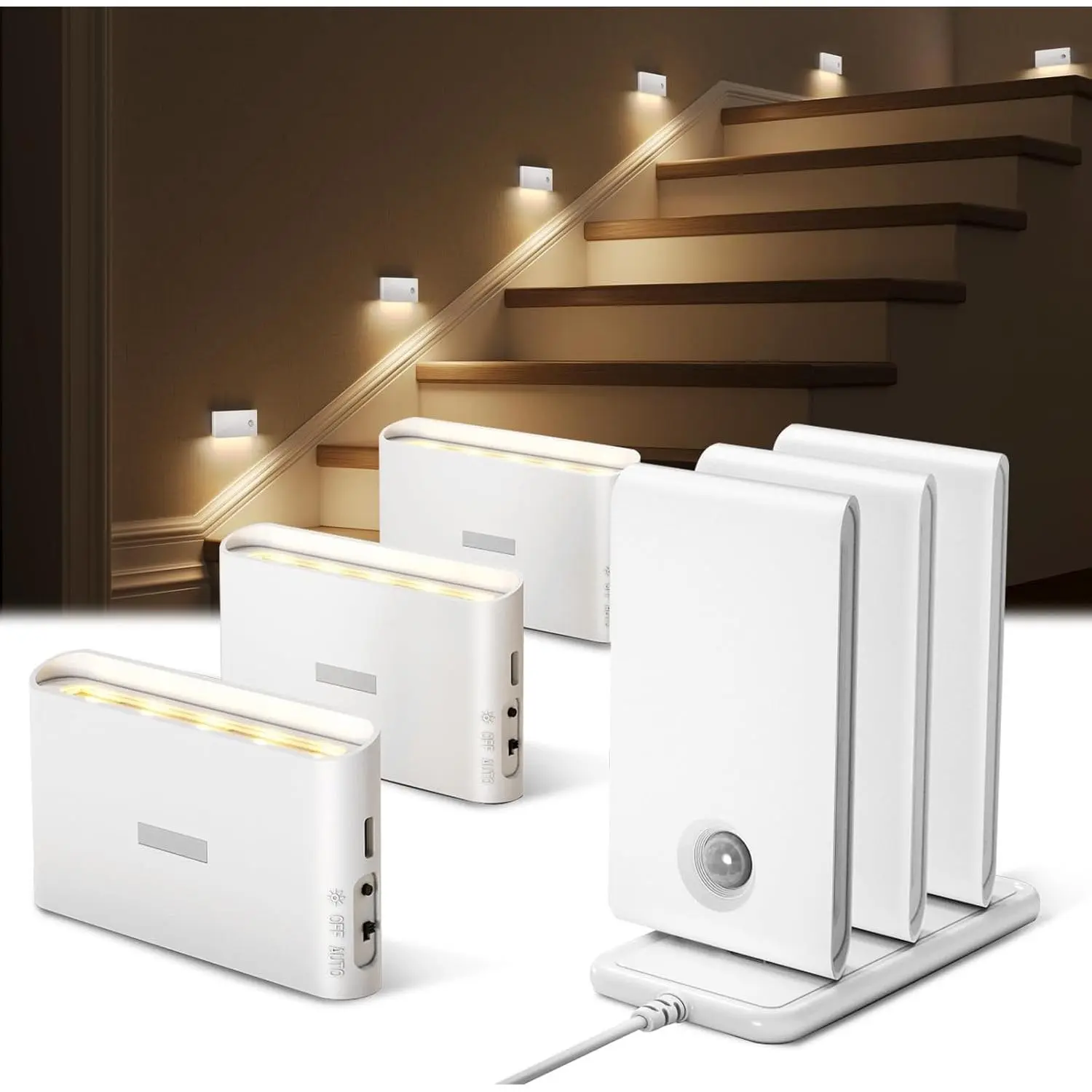 EZVALO 6 Pack Motion Sensor Night Lights with Charging Station, Sync LED Stair Lights Indoor, 1500mAh Rechargeable, Magnetic & Dimmable, 3000K Soft White, Portable Nightlight for Hallway, Stairs
