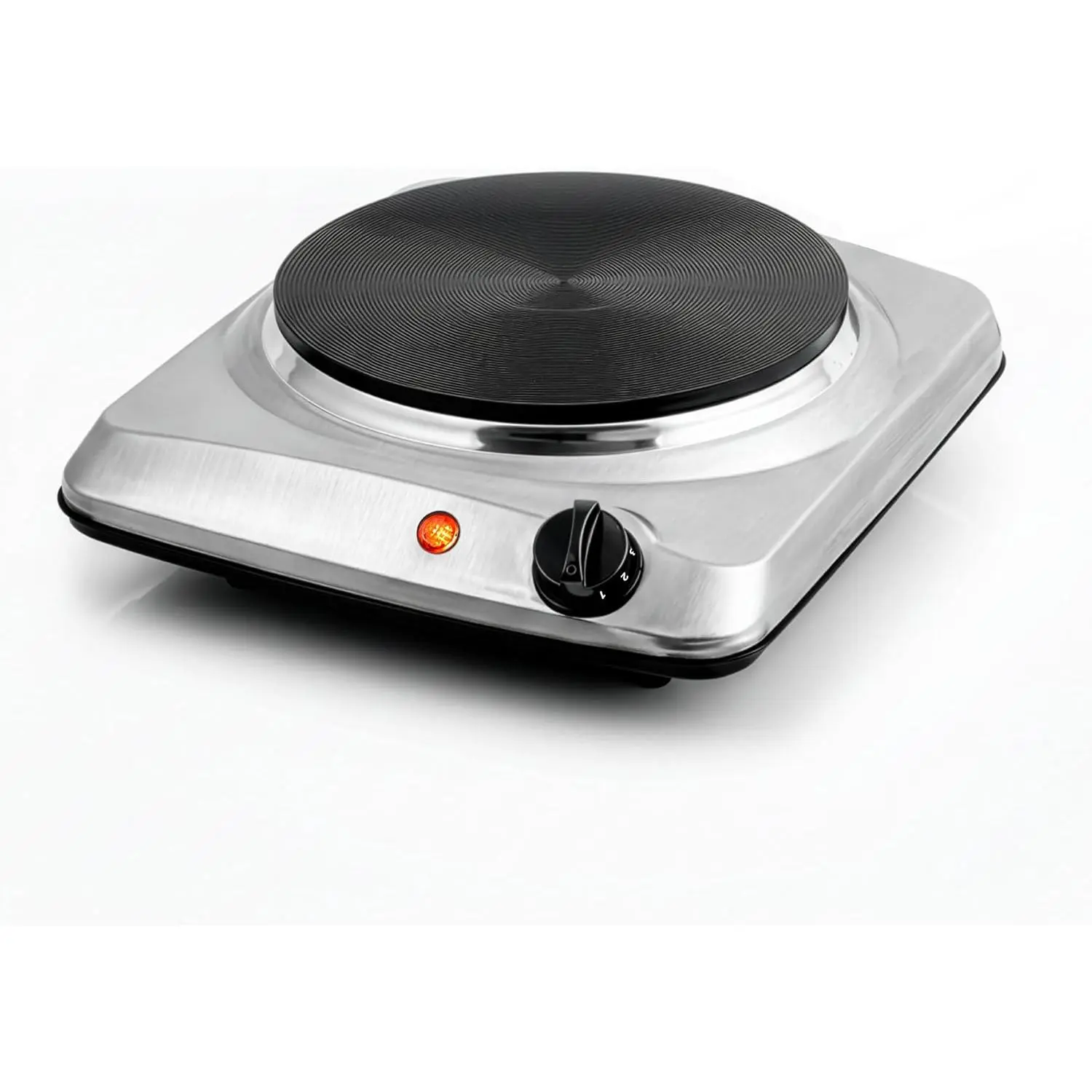 Electric Countertop Round Burner - 1000W Compact Stove with 7.25 in Cast Iron Plate, 5-Level Temperature Control, Easy-to-Clean Stainless Steel Base, Silver BGS101S