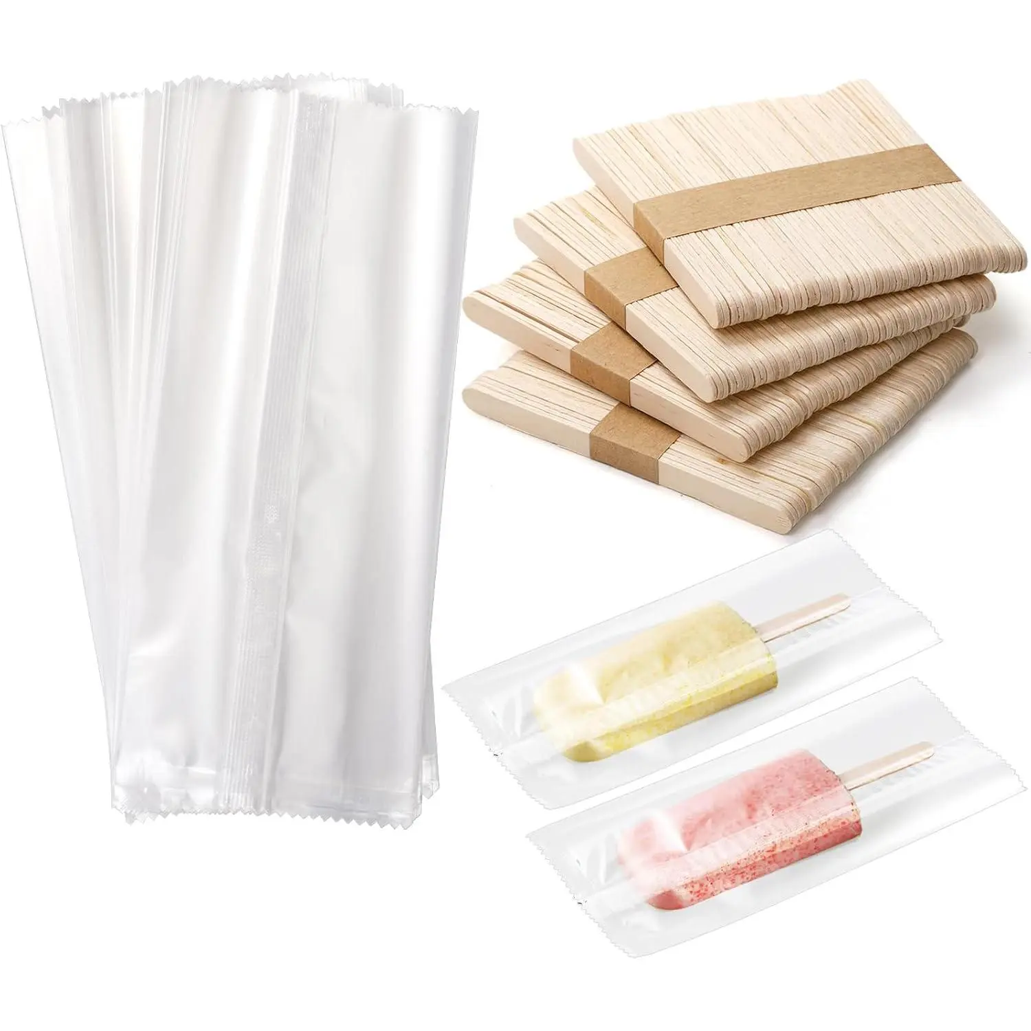 [Summer Essentials]Okllen 600 Pieces Popsicle Bags and Sticks Set, 300 PCS Disposable Plastic Popsicle Wrappers Clear Ice Cream Bags, 300 PCS Wooden Popsicles Sticks for DIY Making Cakesicle Candy Summer Party Suppliesgift
