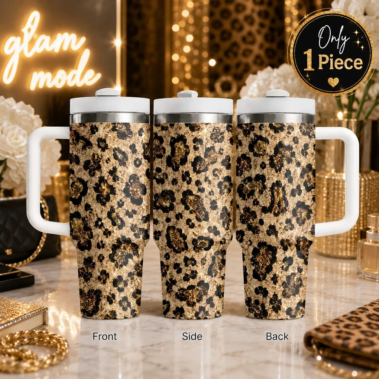 Luxury Gold Leopard Print 40oz Stylish Tumbler with Handle and Straw, Black Glitter Stainless Steel Vacuum Insulated Drink Travel Coffee Cup, Glam Aesthetic Water Bottle for Women Gym Office
