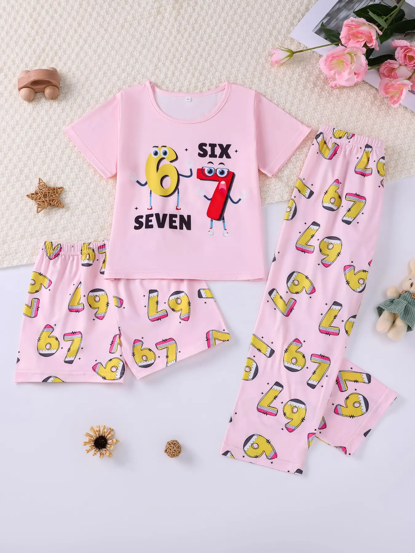 Cute Cartoon Print Kids Sleepwear Set with Flame Retardant Fabric, Short Sleeve Tops and Loose Fit Shorts, All Seasons Children Pajamas, Cartoon Pattern Pajamas