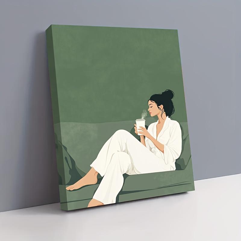 2D Flat, 1pc of 2D High-definition Printed Framed Canvas Art and Poster Featuring A Woman in a White Robe Sitting on a Striped Sofa Suitable As Decorative Art for Living Room Bedroom And Bathroom. Photo Ornaments