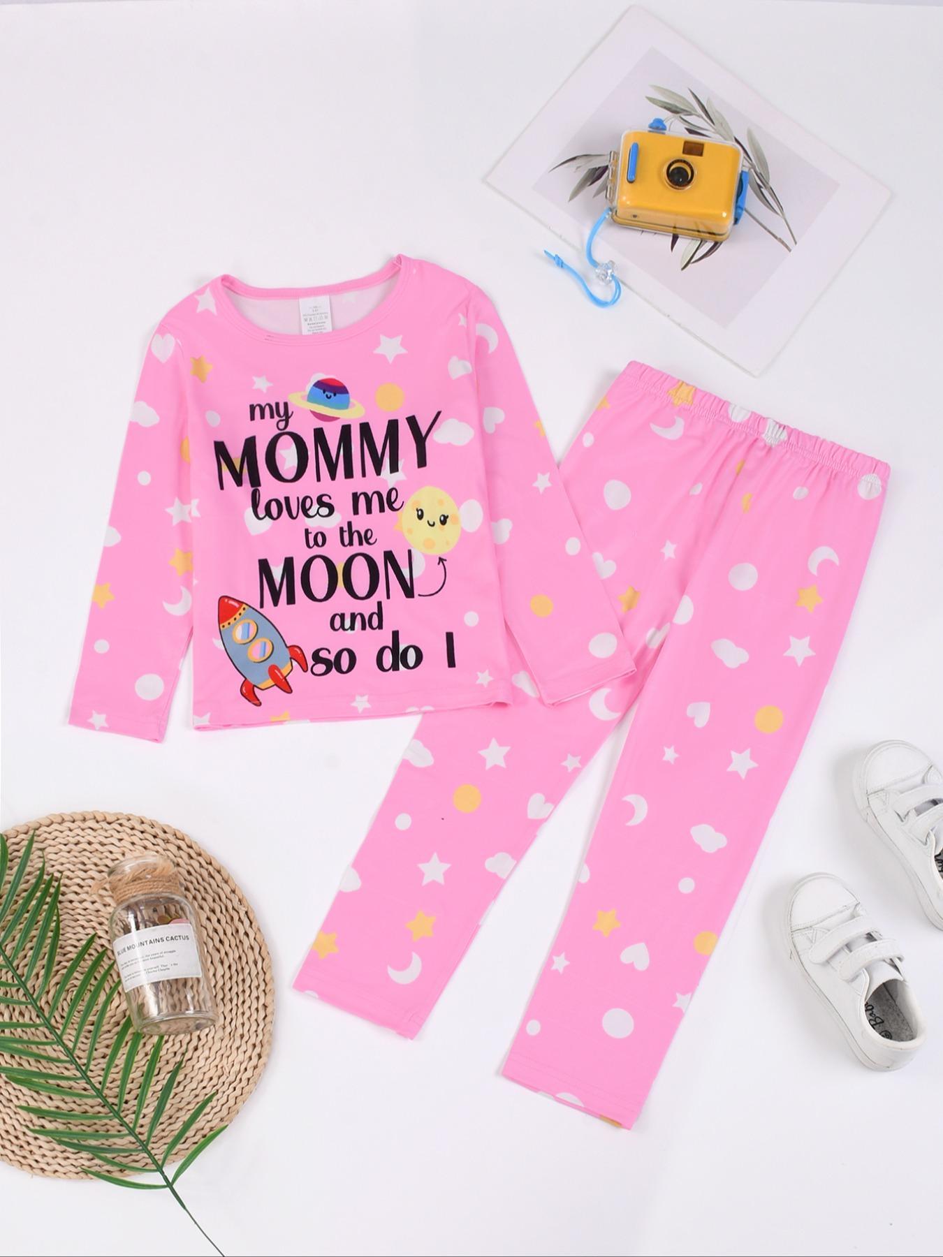 Toddler Girl's Cartoon & Letter Print Long Sleeve Tee & Elastic Waist Pants Loungewear Set, Casual Comfy Round Neck Top & Trousers Lounge Set, Kids Loungewear for Fall & Winter, Snug Fit Pajamas