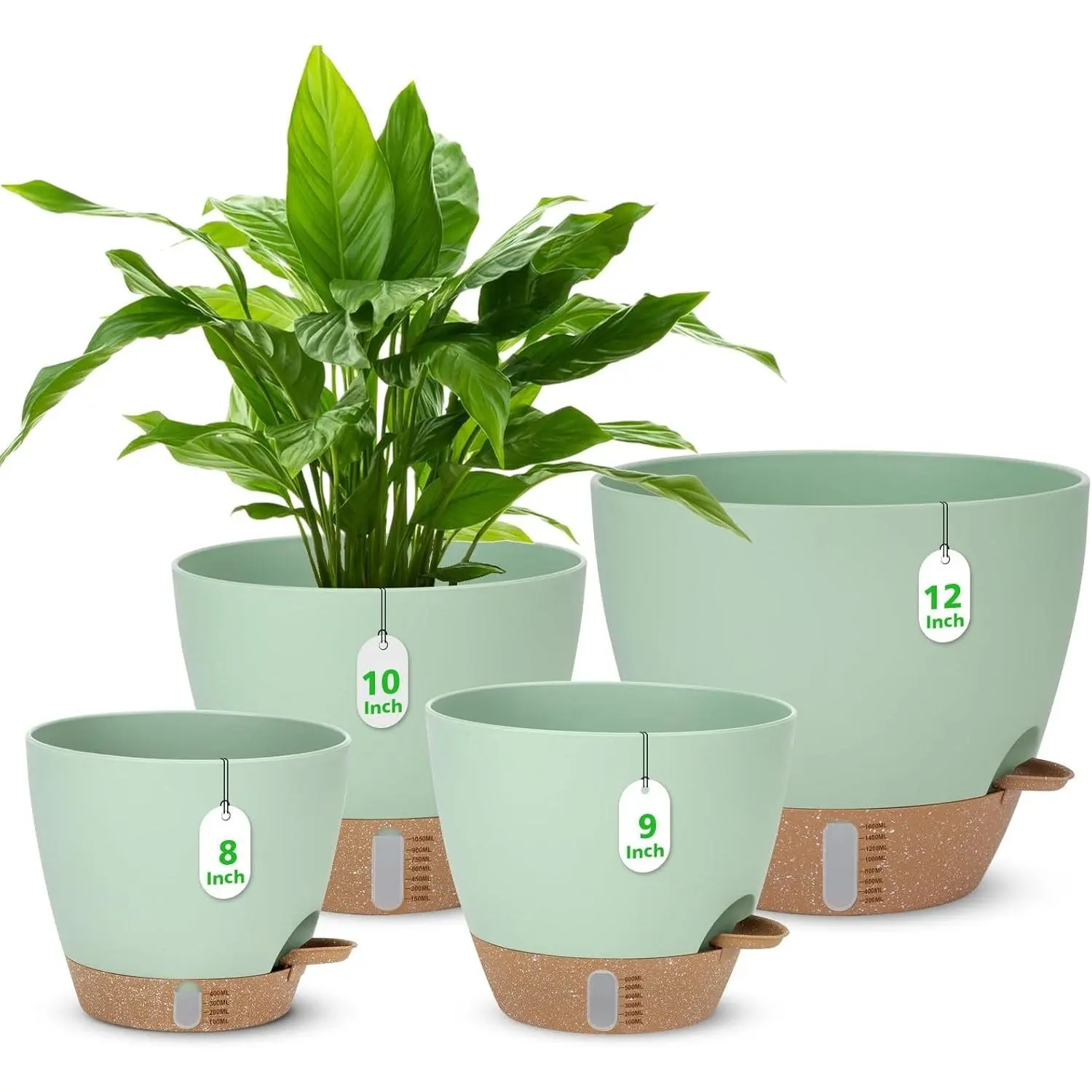 Self Watering Planter for Indoor Plants, 12" 10" 9" 8" Plastic Large Flower Pot Set with Water Level Indicator Deep Reservoir Saucer, Big House Bottom Watering Plant Pots with Drainage Hole - Green