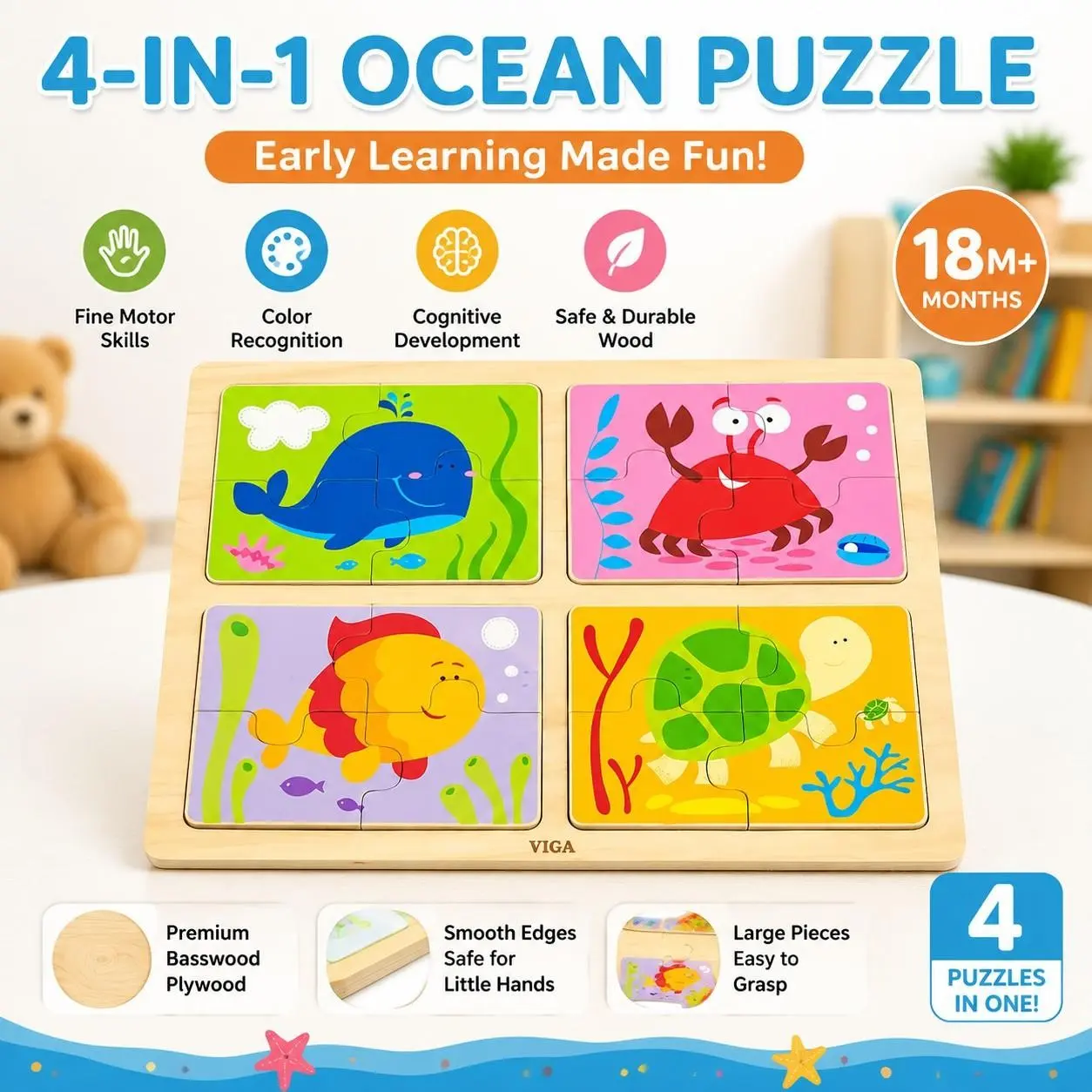 Adorable First Puzzle for Little Hands, 4 Cute Ocean Animal Designs, Easy Wooden Tray Puzzle, Boost Baby's Grip & Cognitive Skills