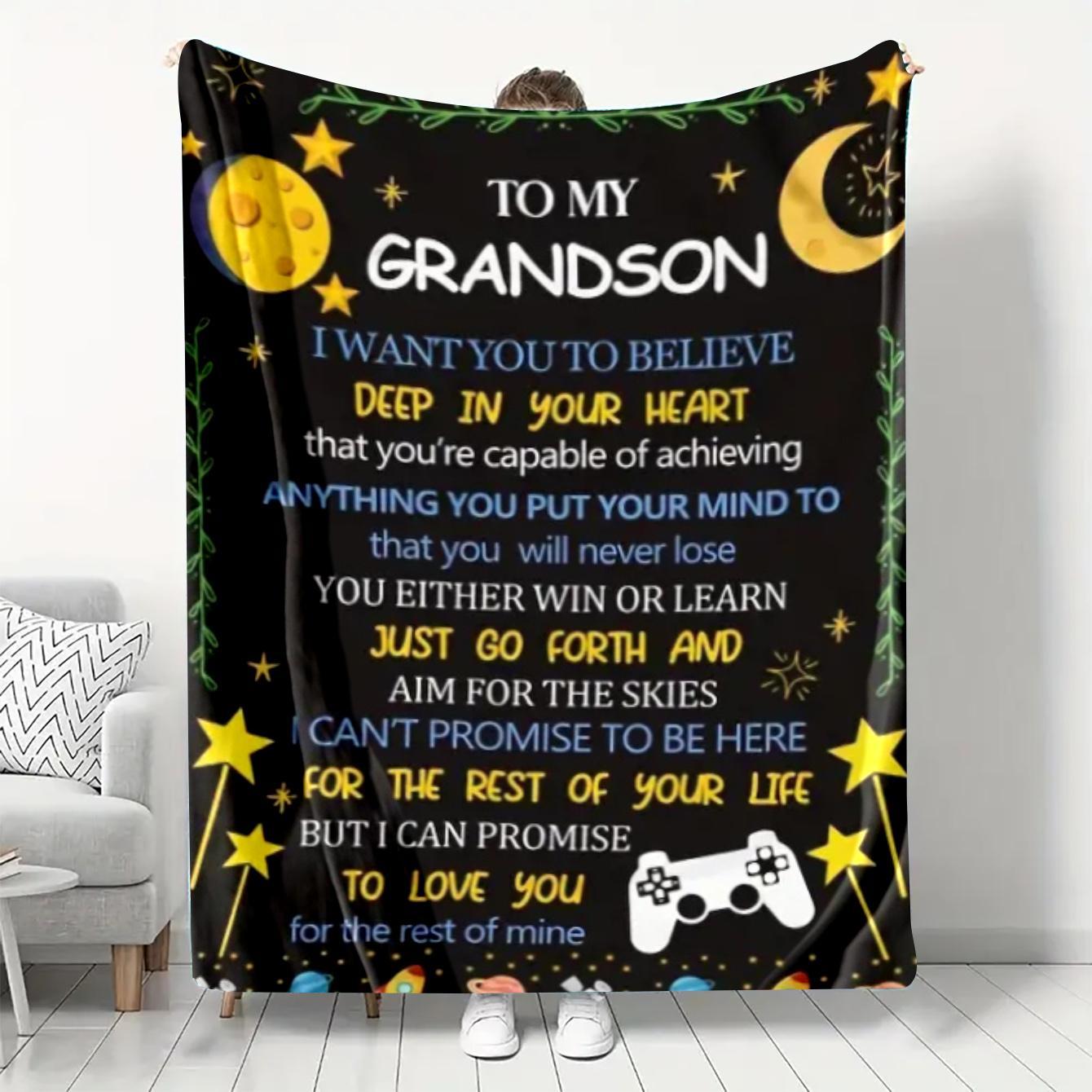 Letter To Grandson Pattern Flannel Blanket, Custom Flannel Blanket, 1 Count Soft Warm Throw Blanket, Air-conditioned Room Blanket, Warm Nap Blanket for Home Office Travel, Slogan Print Blanket, Inspirational Blanket