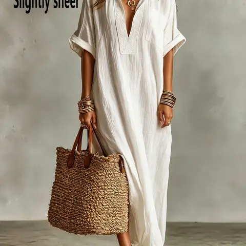 Bohemian Style Casual Loose Fit Embroidered Front Long Shirt Dress for Beach Vacation