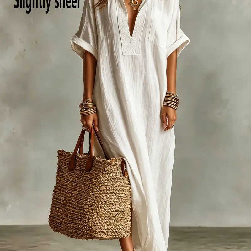 Bohemian Style Casual Loose Fit Embroidered Front Long Shirt Dress for Beach Vacation