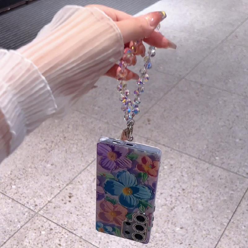 For S25/24/23/S22 blue light oil painting Green and Pink flower shell anti fall protective cover  HN201