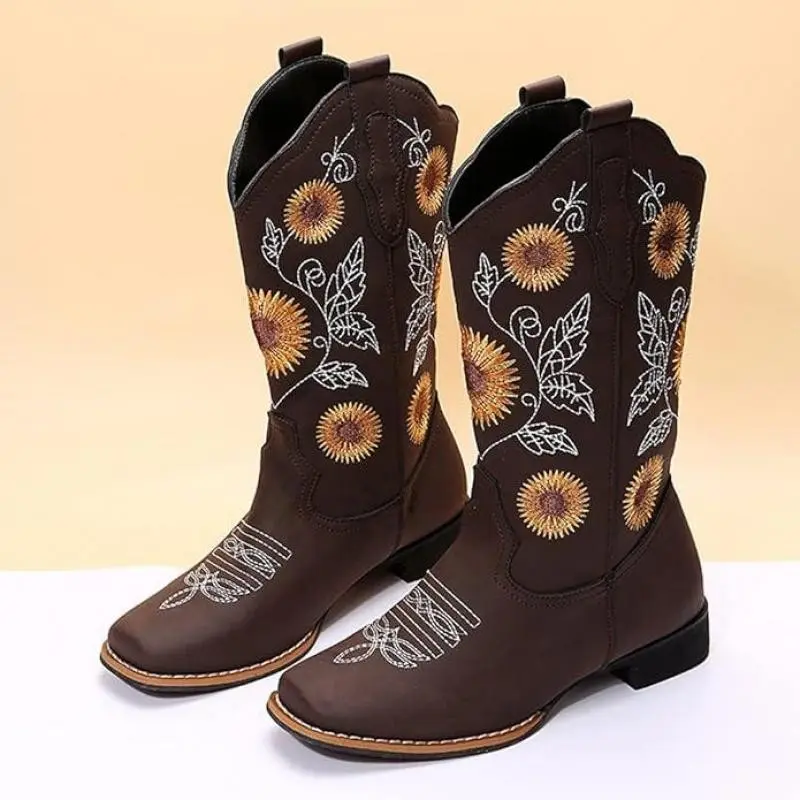 gloryinterest Cowgirl Western Boots for Women Mid Calf Sunflower Embroidery Stitched Square Toe Low Heel  US 6-10.5 Walking Shoes Leather Casual Footwear Comfort