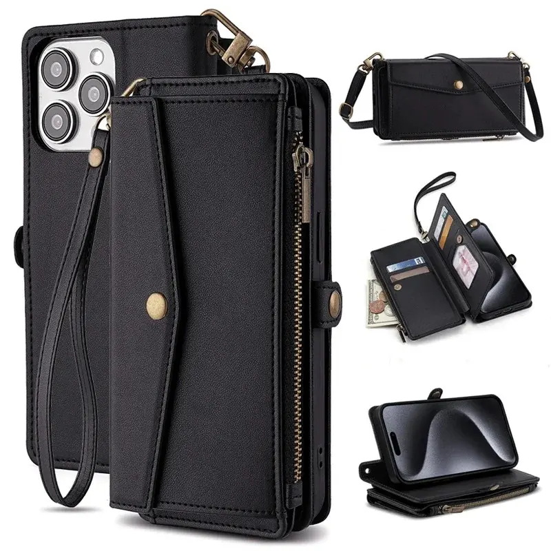 Leather Wallet Phone Case for iPhone 11 12 13 14 15 16 17 Pro Max, Flip Stand Card Holder Case with Zipper Pocket Wrist Strap Crossbody Protective Cover