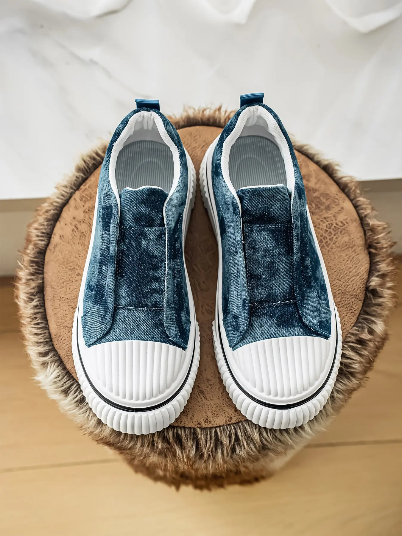 2026 New Washed Vintage Denim Shell Toe Slip-On Shoes, Unisex Thick Sole Canvas Sneakers, Breathable Anti-Slip, Magic Tape Design, All Seasons