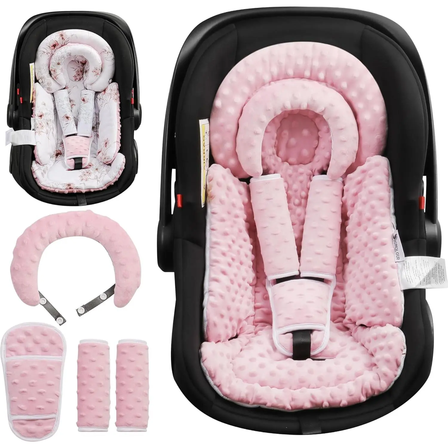Infant Car Seat Insert for Baby Head Body Support, Pink |   Reversible, Adjustable For 0-24 Months, Versatile Fits For Baby Car Seat ,Stroller, Swing, For Preemie, Newborn, Infant