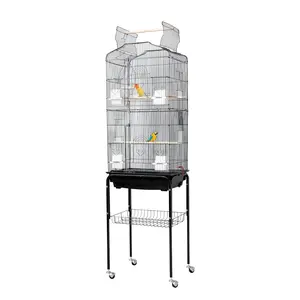 Spacious Open Top Bird Cage for Parrots & Parakeets – Heavy-Duty Metal, Rolling Stand, Removable Tray, Storage Shelf, Easy Clean – Flight Aviary, Black
