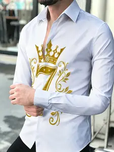 Men's Long Sleeve Shirt with Gold Crown and Number 7 Print Business Casual Fashion Trend Slim Fit Versatile White Shirt,, Suitable for leisure and sports scenarios